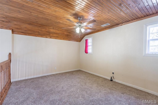 249 Trails End Way, Doniphan, MO 63935 - additional living space with wooden ceiling, vaulted ceiling, carpet flooring, a ceiling fan, and baseboards
