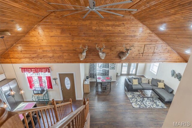 249 Trails End Way, Doniphan, MO 63935 - living room featuring wooden ceiling, a ceiling fan, high vaulted ceiling, and wood finished floors