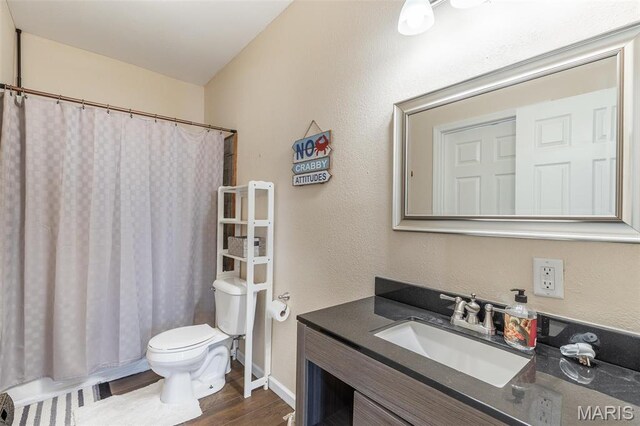 249 Trails End Way, Doniphan, MO 63935 - full bathroom featuring toilet, vanity, wood finished floors, and a shower with shower curtain
