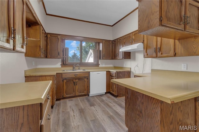 317 S Louisiana St, Cape Girardeau, MO 63703 - kitchen featuring white dishwasher, a sink, under cabinet range hood, brown cabinetry, and crown molding