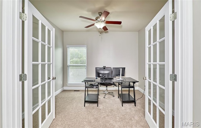 3 Lakeview Pointe Ct, Lake St Louis, MO 63367 - home office with french doors, carpet flooring, ceiling fan, and baseboards