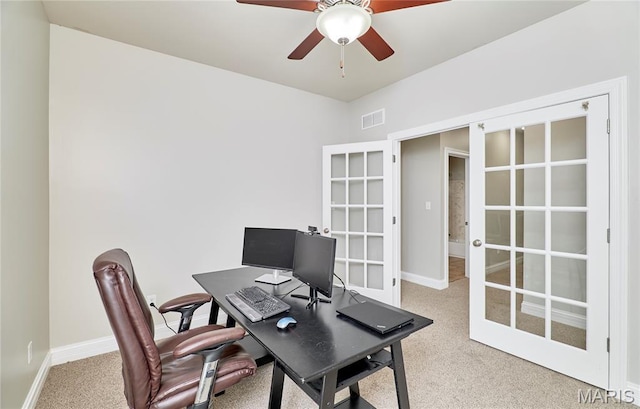 3 Lakeview Pointe Ct, Lake St Louis, MO 63367 - office with french doors, light carpet, ceiling fan, and baseboards