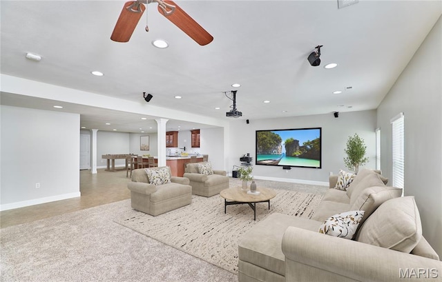 3 Lakeview Pointe Ct, Lake St Louis, MO 63367 - living area with ornate columns, recessed lighting, baseboards, and ceiling fan