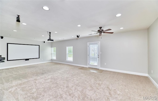 3 Lakeview Pointe Ct, Lake St Louis, MO 63367 - cinema room with recessed lighting, light carpet, baseboards, and a ceiling fan