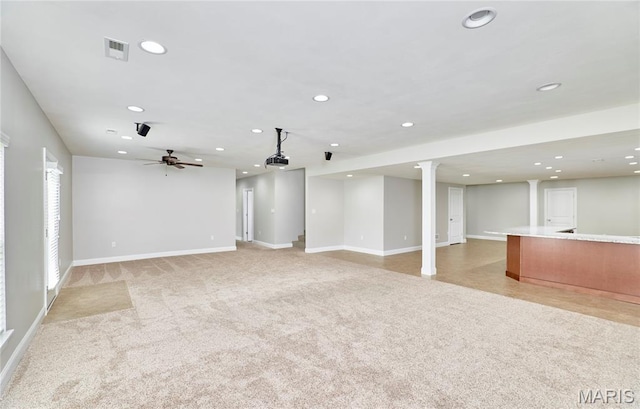 3 Lakeview Pointe Ct, Lake St Louis, MO 63367 - unfurnished living room featuring recessed lighting, light carpet, baseboards, a ceiling fan, and bar area