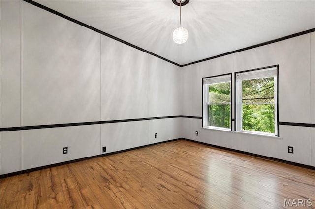 spare room featuring wood-type flooring and baseboards