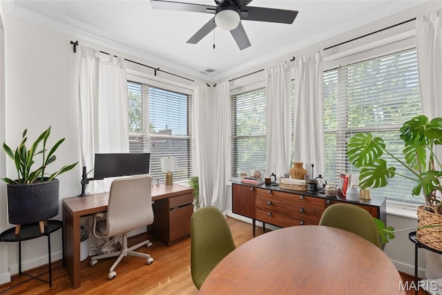 5621 Pershing Ave Unit 21, Saint Louis, MO 63112 - office featuring a ceiling fan, light wood-style flooring, and ornamental molding