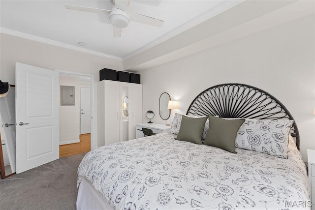 5621 Pershing Ave Unit 21, Saint Louis, MO 63112 - bedroom with ornamental molding, electric panel, carpet flooring, and ceiling fan