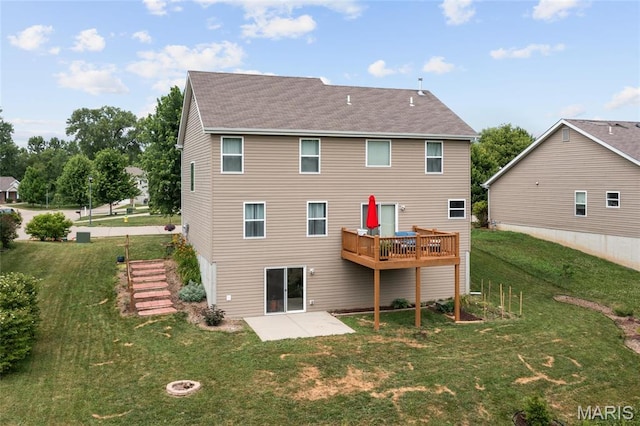 9421 Marbarry Dr, Fairview Heights, IL 62208 - rear view of house featuring a patio, a yard, roof with shingles, and a wooden deck