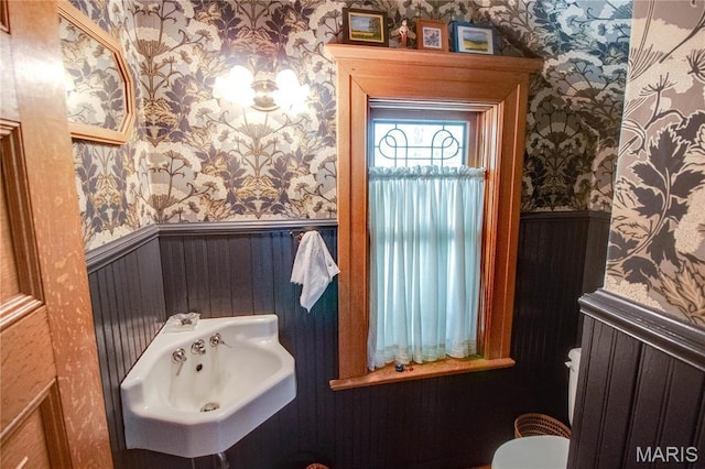 619 E Main St, Carlinville, IL 62626 - half bathroom featuring wallpapered walls, a wainscoted wall, toilet, and a sink
