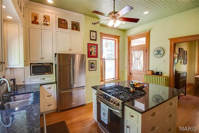 619 E Main St, Carlinville, IL 62626 - kitchen with stainless steel appliances, a sink, light wood-style flooring, a wainscoted wall, and ceiling fan