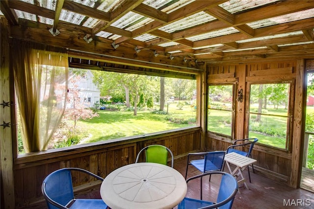 619 E Main St, Carlinville, IL 62626 - sunroom / solarium featuring beamed ceiling, coffered ceiling, and outdoor dining area