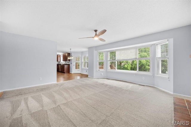 14 Sunderland Ct, Saint Charles, MO 63303 - unfurnished living room with carpet, ceiling fan, healthy amount of natural light, baseboards, and a textured ceiling