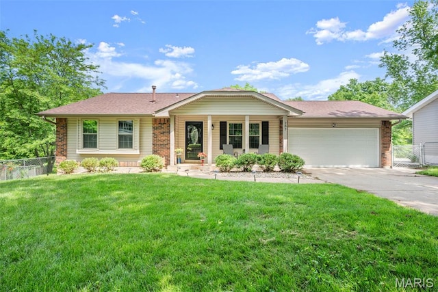 207 Straightoak, Ballwin, MO 63021 - ranch-style home with brick siding, a garage, concrete driveway, a porch, and a shingled roof