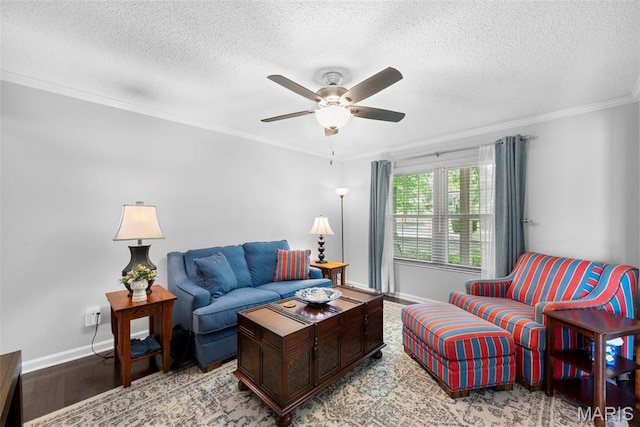 207 Straightoak, Ballwin, MO 63021 - living room with baseboards, a textured ceiling, ceiling fan, wood finished floors, and crown molding