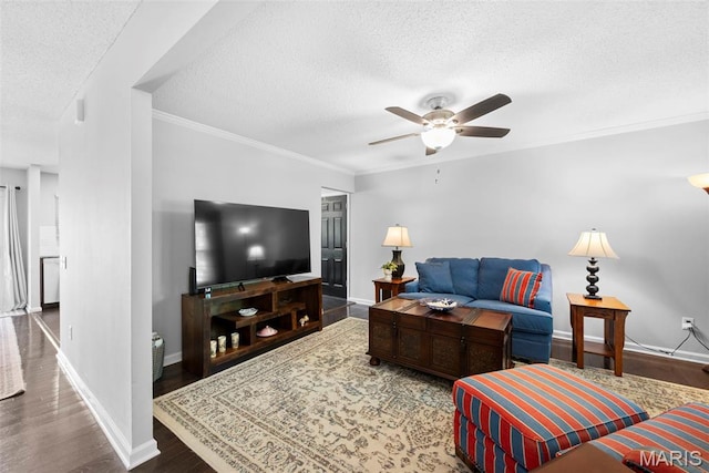 207 Straightoak, Ballwin, MO 63021 - living area with a textured ceiling, a ceiling fan, baseboards, wood finished floors, and crown molding