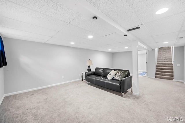207 Straightoak, Ballwin, MO 63021 - living room with carpet floors, stairway, recessed lighting, baseboards, and a drop ceiling