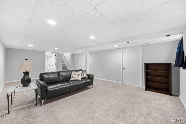 207 Straightoak, Ballwin, MO 63021 - carpeted living area with stairway, baseboards, recessed lighting, and a drop ceiling
