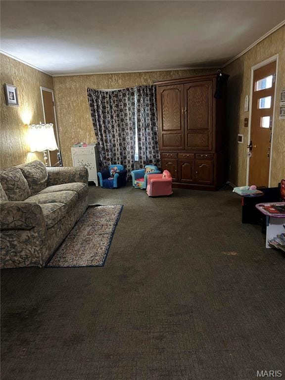 living area featuring dark carpet