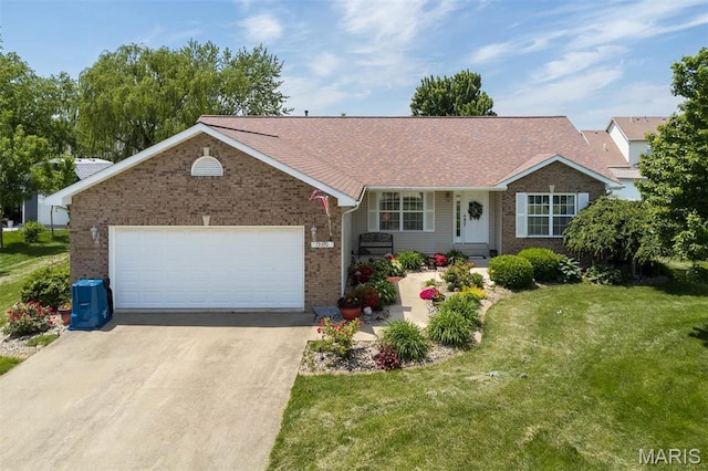 ranch-style house with brick siding, a front lawn, an attached garage, driveway, and roof with shingles