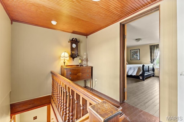 5704 Feezor Rd, Farmington, MO 63640 - staircase featuring wood ceiling, wood-type flooring, and crown molding