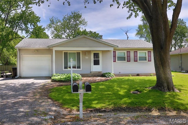 14 Dee St, Moro, IL 62067 - ranch-style house featuring an attached garage, dirt driveway, a front yard, and a shingled roof