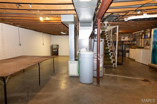 14 Dee St, Moro, IL 62067 - unfinished basement with water heater, washing machine and dryer, a water softener, and stairs