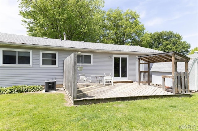 14 Dee St, Moro, IL 62067 - rear view of house featuring cooling unit, a wooden deck, and a lawn