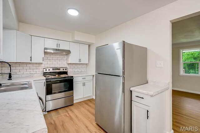 kitchen featuring stainless steel appliances, a sink, under cabinet range hood, light wood finished floors, and tasteful backsplash