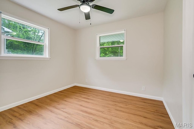 spare room featuring healthy amount of natural light, baseboards, and light wood-style floors