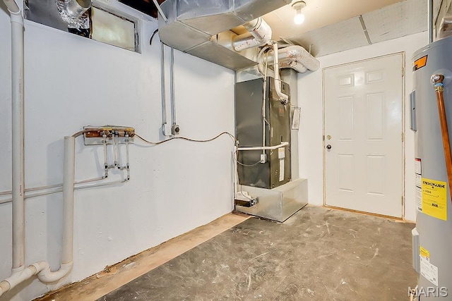 below grade area featuring water heater and heating unit
