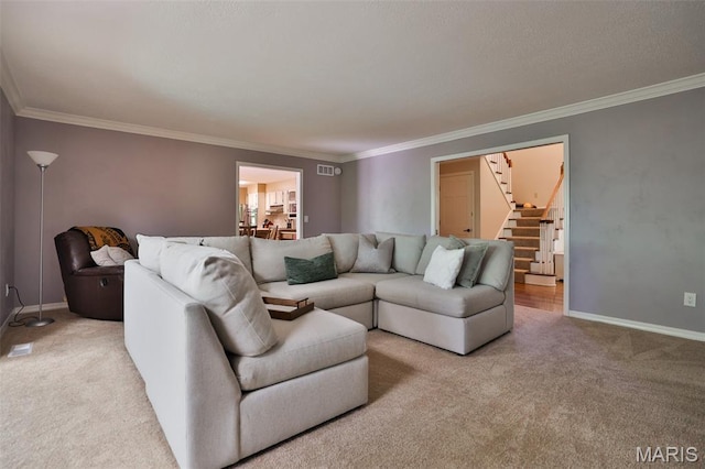 1989 Dogwood Trl, Collinsville, IL 62234 - living room featuring light carpet, stairway, crown molding, and baseboards