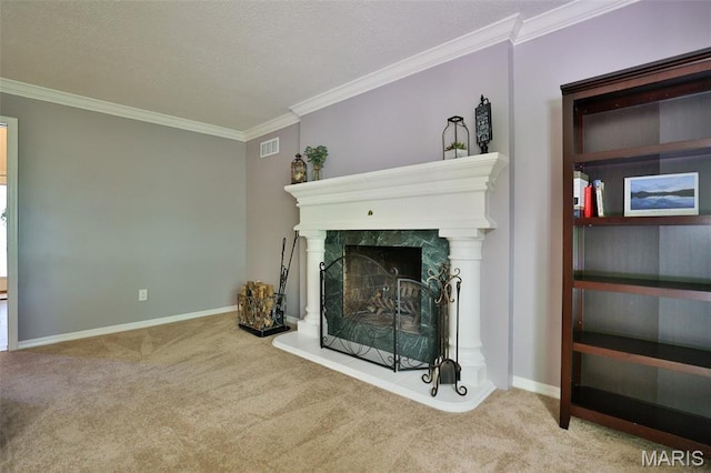 1989 Dogwood Trl, Collinsville, IL 62234 - unfurnished living room featuring carpet flooring, crown molding, a premium fireplace, and baseboards