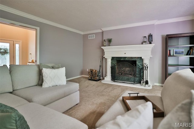 1989 Dogwood Trl, Collinsville, IL 62234 - living area with carpet flooring, ornamental molding, baseboards, and a fireplace