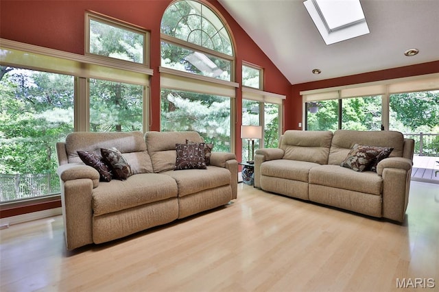 1989 Dogwood Trl, Collinsville, IL 62234 - living area featuring a skylight, high vaulted ceiling, plenty of natural light, and wood finished floors