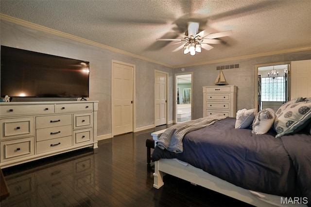 1989 Dogwood Trl, Collinsville, IL 62234 - bedroom featuring a textured ceiling, dark wood-style floors, ornamental molding, ceiling fan, and baseboards