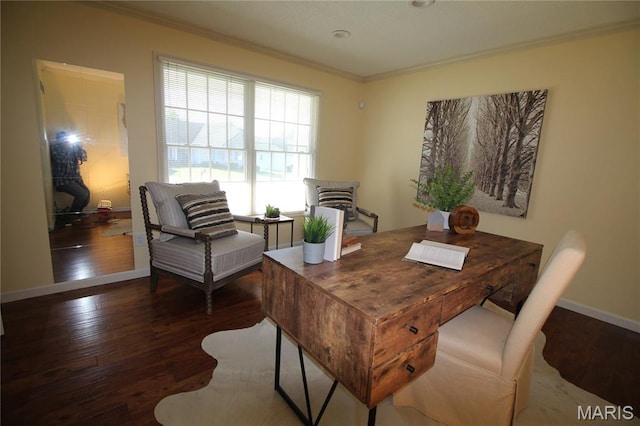office space with crown molding, wood finished floors, and baseboards