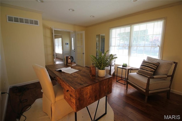 office with crown molding, wood finished floors, and baseboards