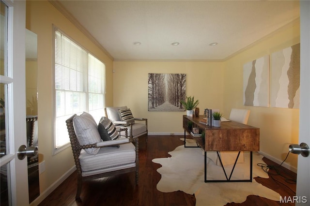 home office with baseboards, crown molding, and wood finished floors