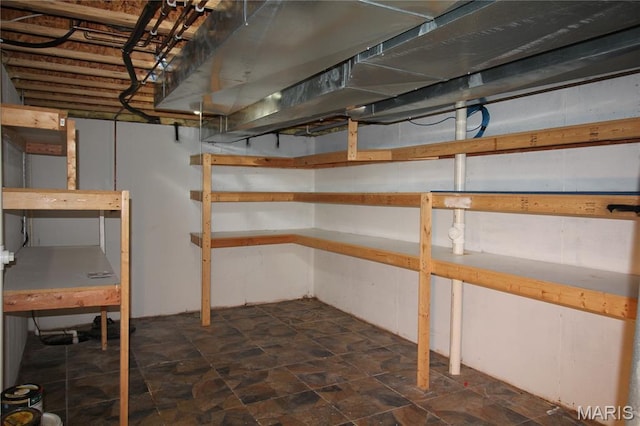 unfinished below grade area featuring dark stone finish floors
