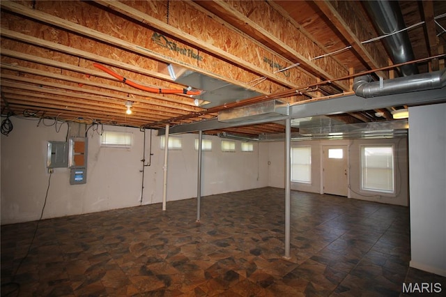 basement featuring healthy amount of natural light and electric panel