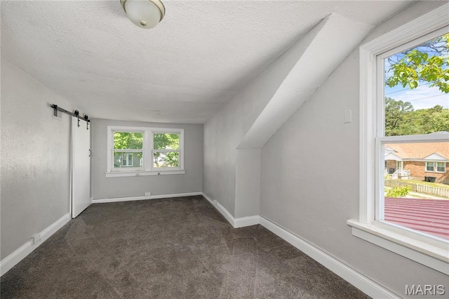 400 Main St, Waynesville, MO 65583 - additional living space with a barn door, carpet flooring, a textured ceiling, and baseboards