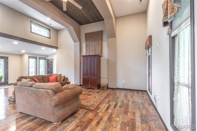 732 N Main St, Poplar Bluff, MO 63901 - living room featuring wood finished floors, ceiling fan, recessed lighting, baseboards, and a high ceiling