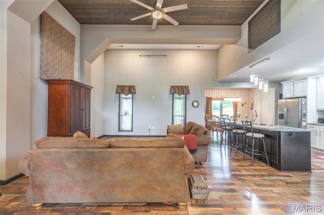 732 N Main St, Poplar Bluff, MO 63901 - living room with a towering ceiling, wood finished floors, a ceiling fan, and wooden ceiling