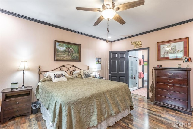 732 N Main St, Poplar Bluff, MO 63901 - bedroom with ornamental molding, wood finished floors, ensuite bath, and ceiling fan