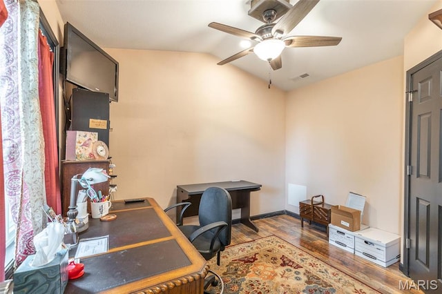 732 N Main St, Poplar Bluff, MO 63901 - office featuring wood finished floors, ceiling fan, lofted ceiling, and baseboards