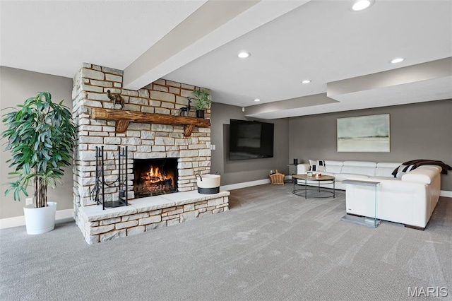 living room featuring baseboards, carpet, beam ceiling, a fireplace, and recessed lighting