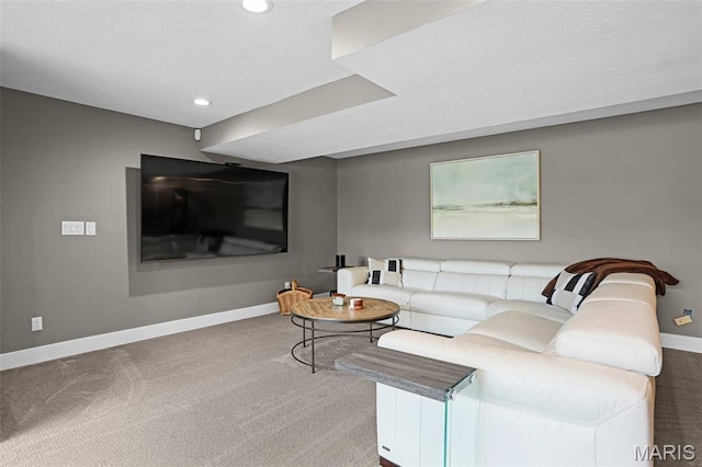 living room featuring carpet, baseboards, and recessed lighting