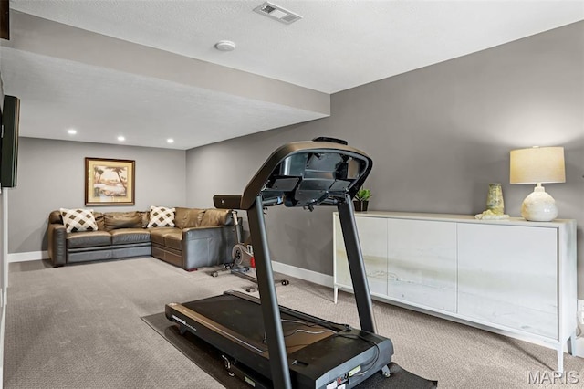 workout room with carpet, baseboards, and recessed lighting