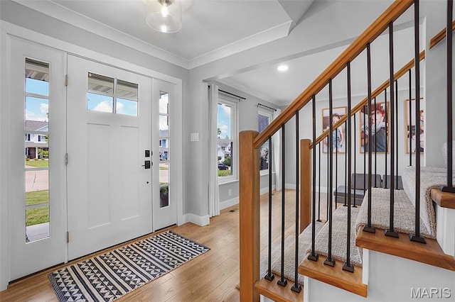 66 Walnutshade Ct, Saint Peters, MO 63376 - entrance foyer with wood finished floors, crown molding, stairway, and recessed lighting